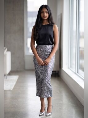 Elegant Silver Sequin Pencil Skirt